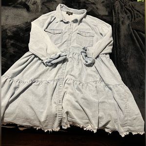 ODDY | Ruffle Tiered Button Up Dress with Long Sleeves in Light Wash- 1XL